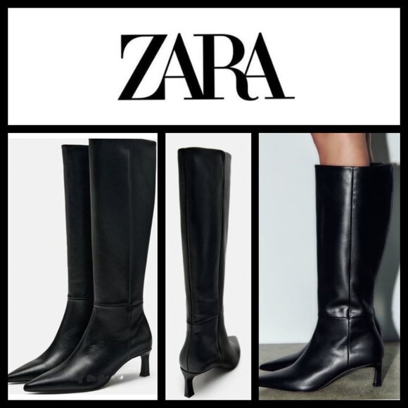 Zara Black Knee High Kitten Heel Boots - Picture 16 of 16